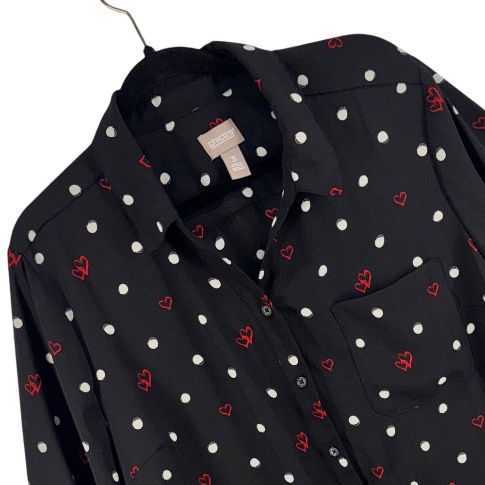 Chicos Black Polka Dot Red Heart Button Down Blouse Shirt Size 3 XL (US size 16)